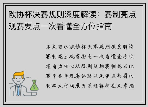 欧协杯决赛规则深度解读：赛制亮点观赛要点一次看懂全方位指南
