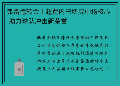 弗雷德转会土超费内巴切成中场核心 助力球队冲击新荣誉